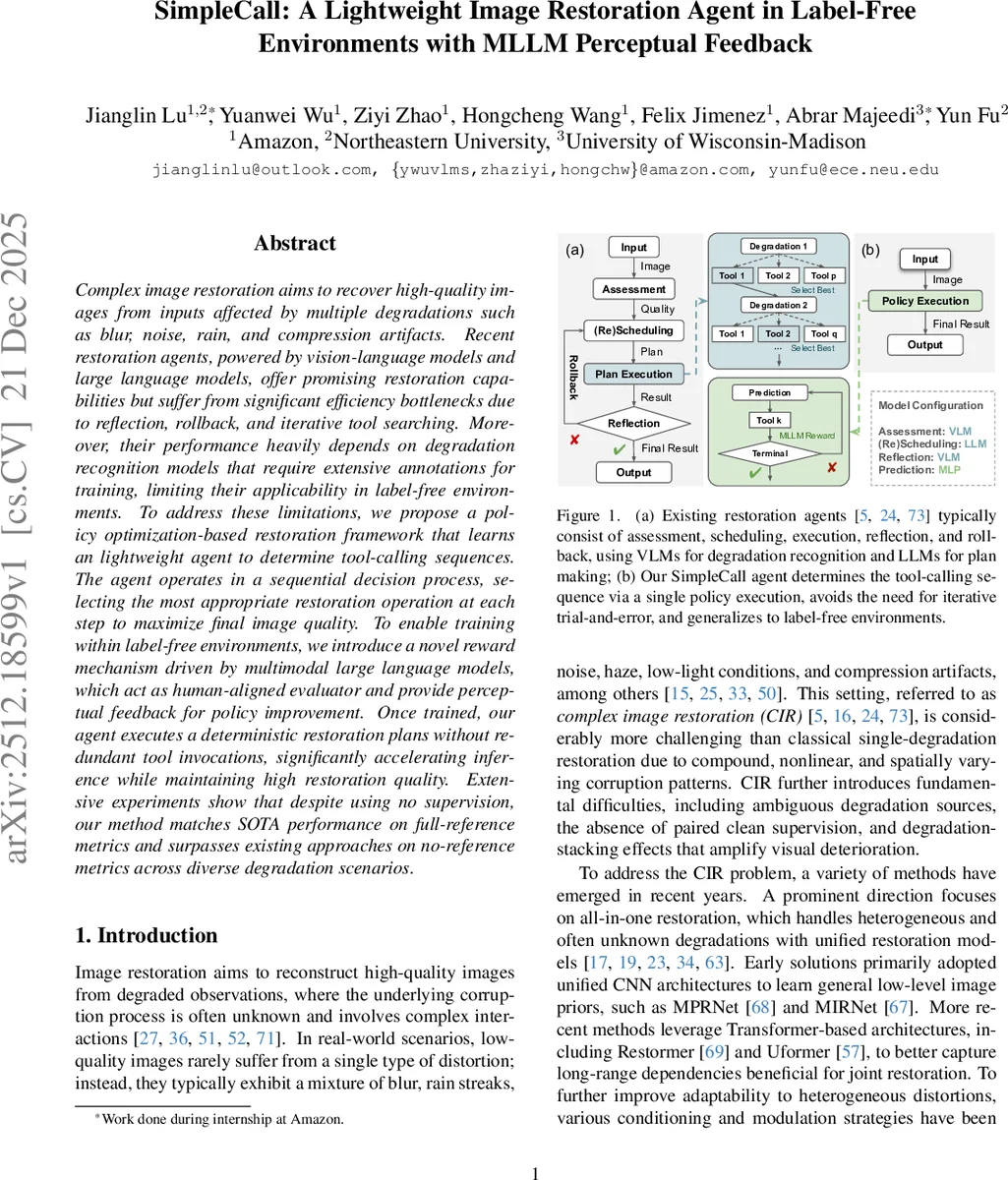 SimpleCall: A Lightweight Image Restoration Agent in Label-Free Environments with MLLM Perceptual Feedback
