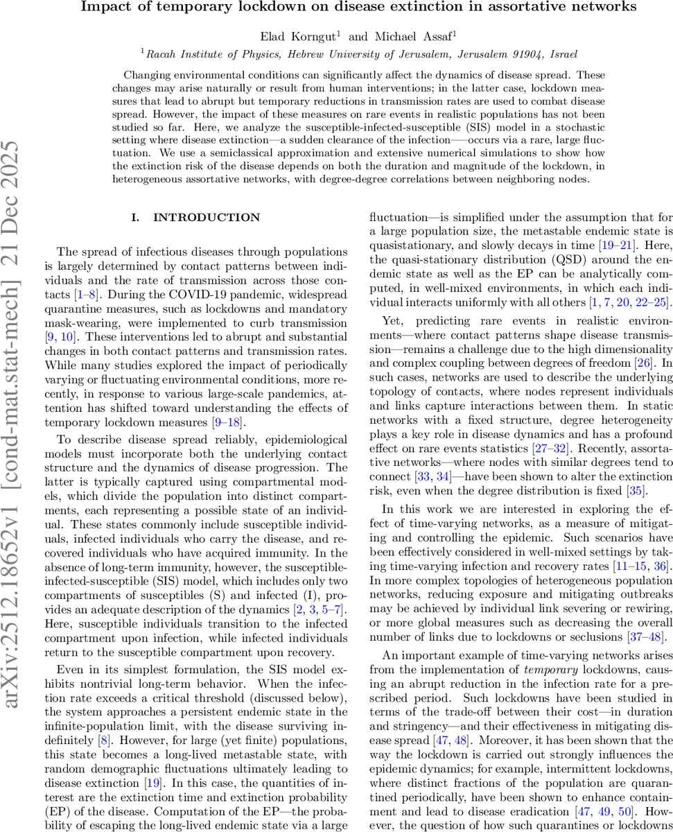 Impact of temporary lockdown on disease extinction in assortative networks