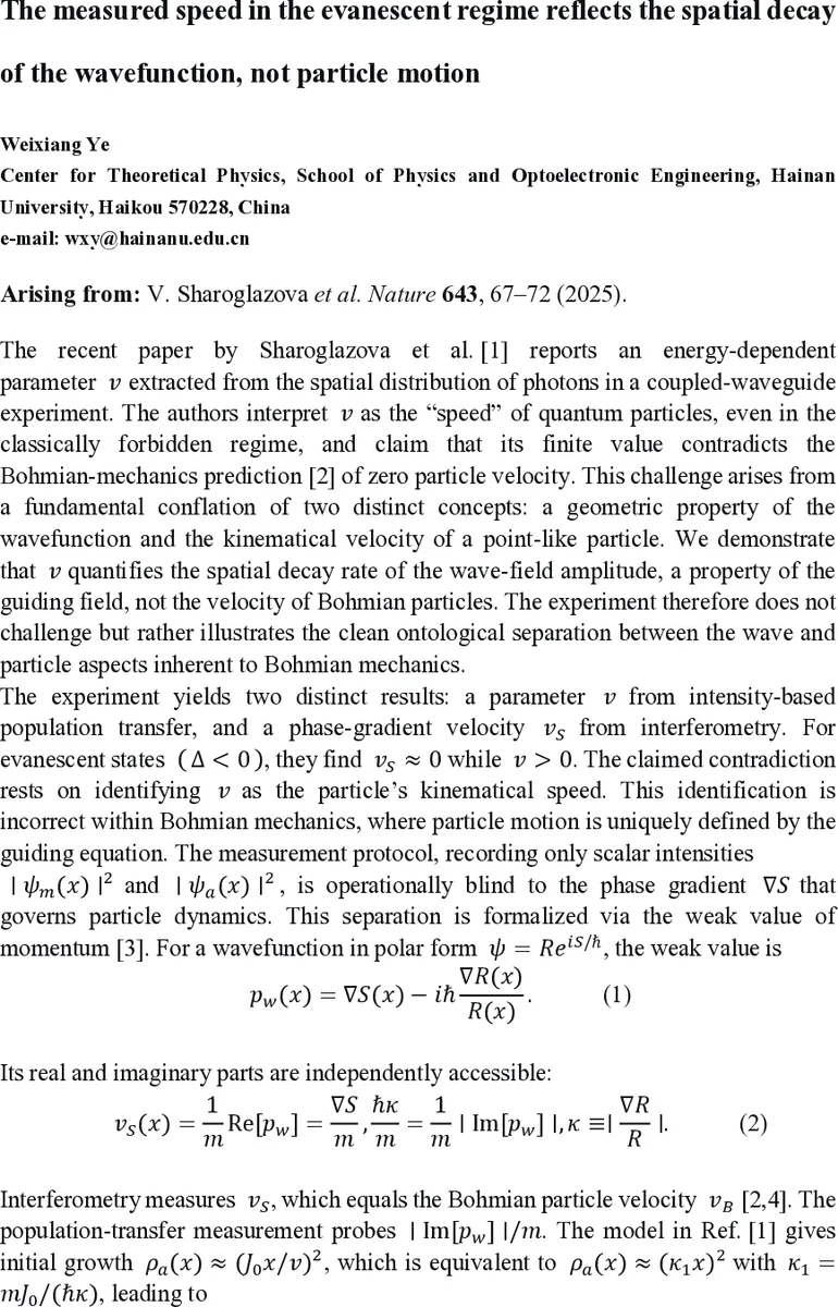 The measured speed in the evanescent regime reflects the spatial decay of the wavefunction, not particle motion