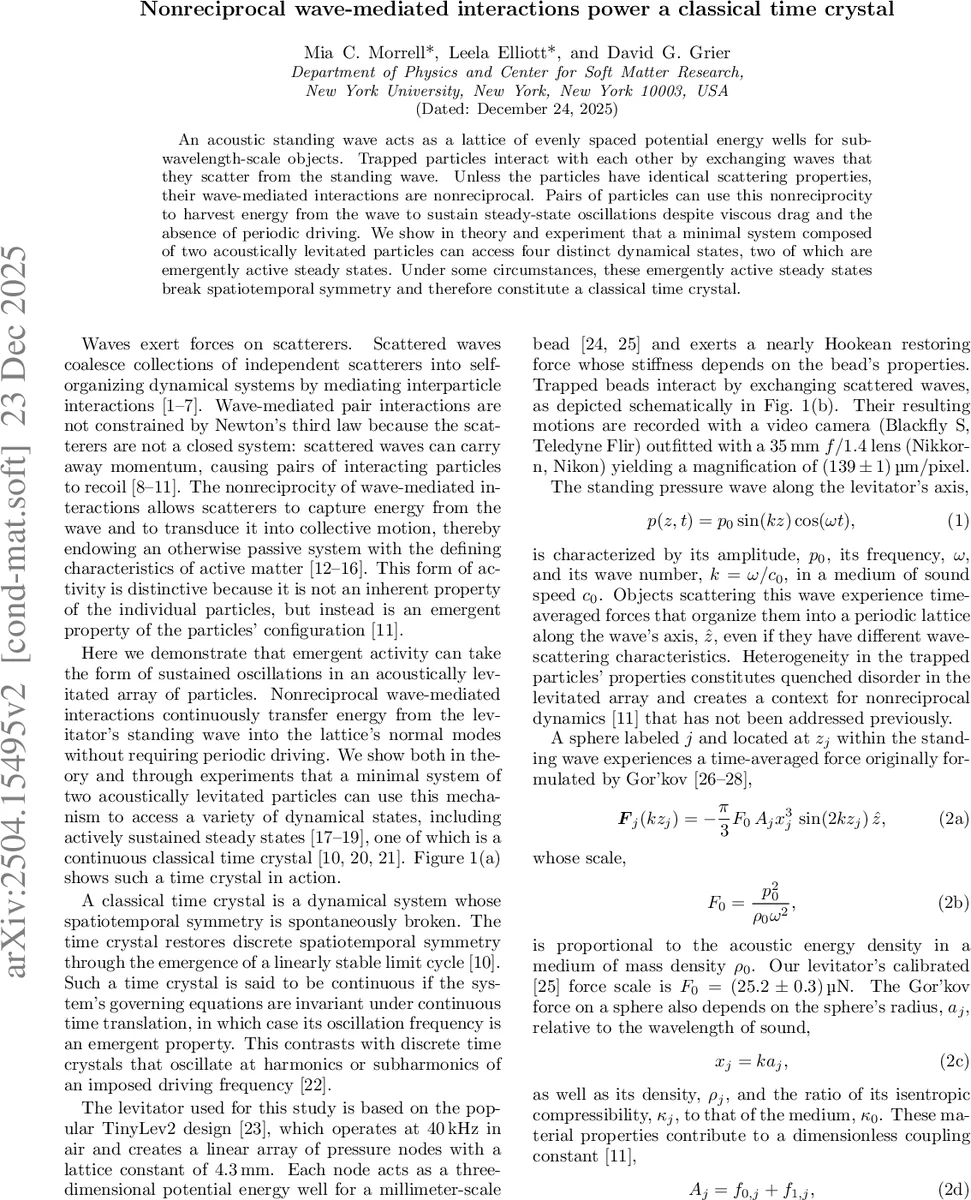 Nonreciprocal wave-mediated interactions power a classical time crystal