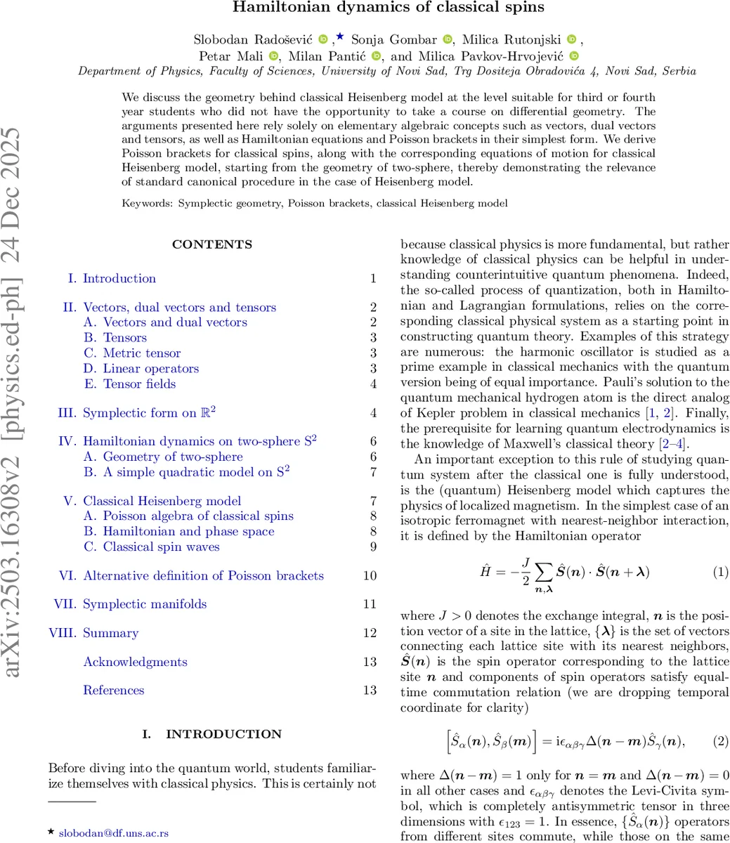 Hamiltonian dynamics of classical spins