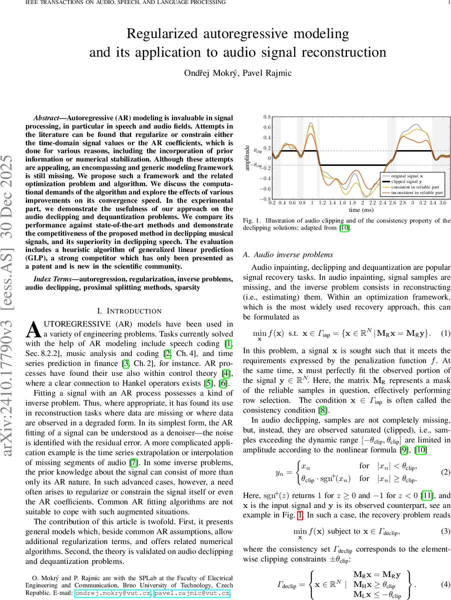 Regularized autoregressive modeling and its application to audio signal reconstruction