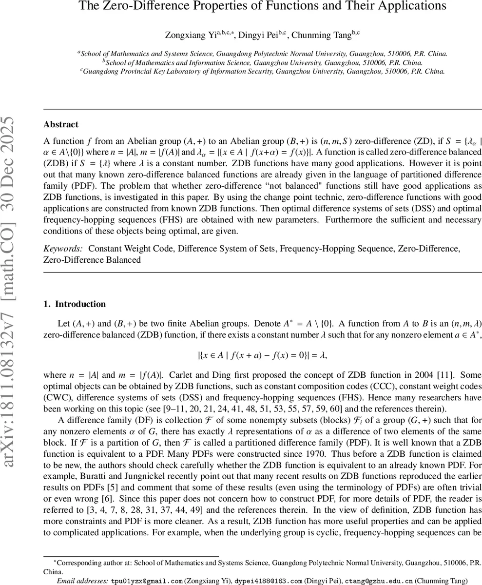 The Zero-Difference Properties of Functions and Their Applications