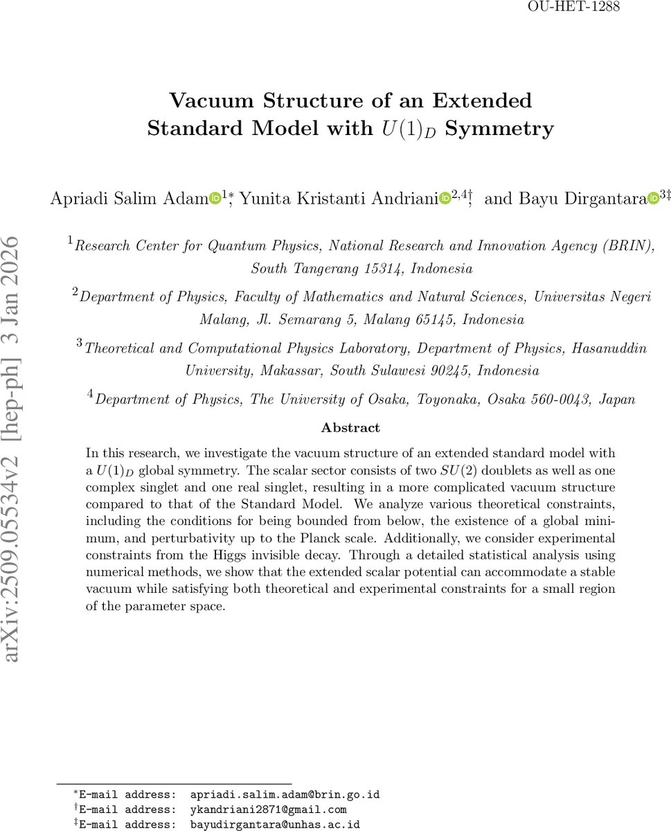 Vacuum Structure of an Extended Standard Model with $U(1)_D$ Symmetry
