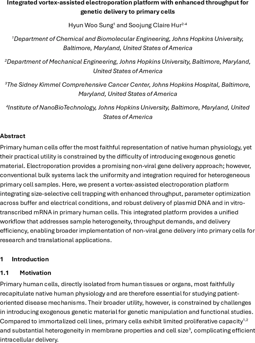 Integrated vortex-assisted electroporation platform with enhanced throughput for genetic delivery to primary cells