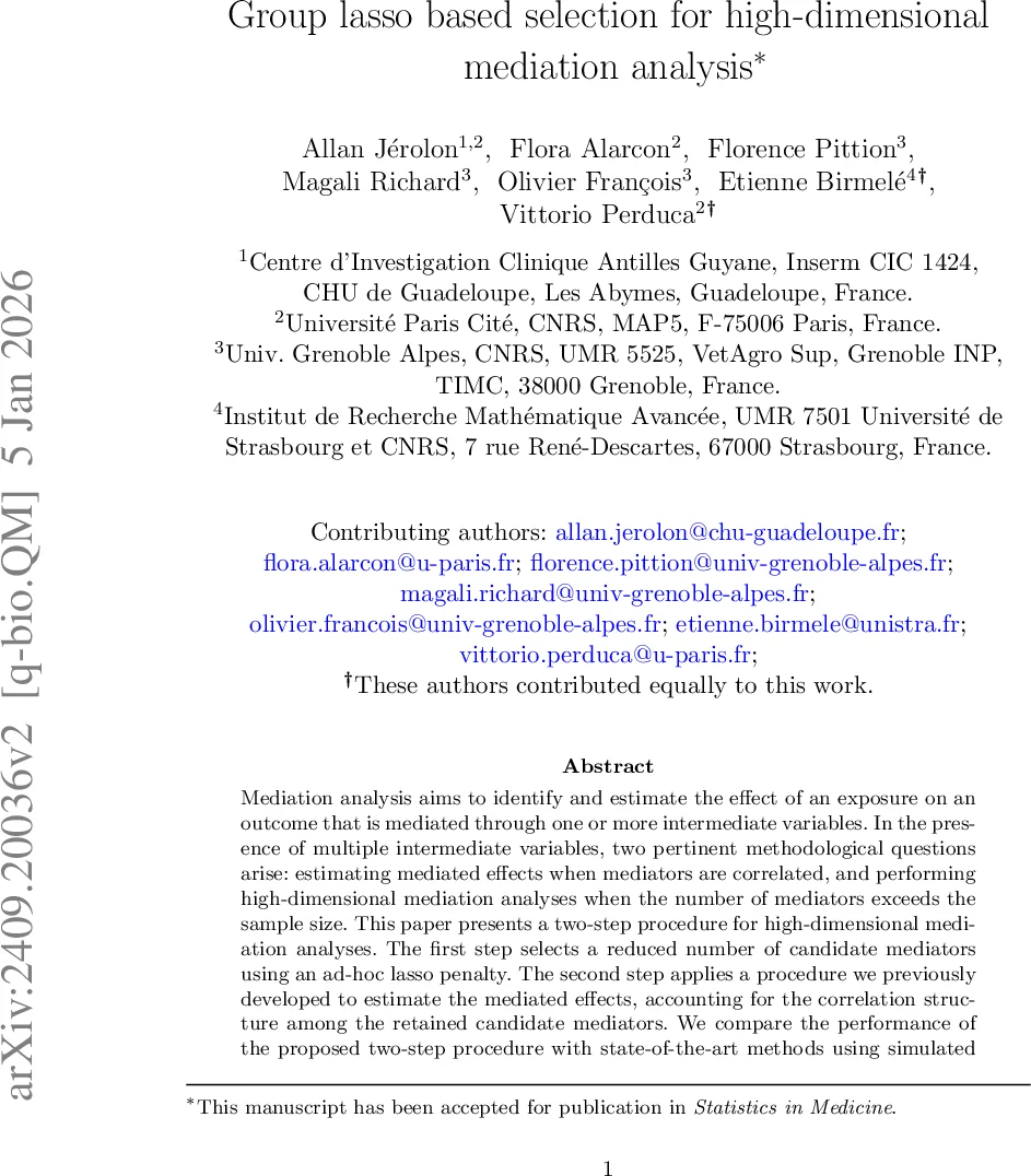 Group lasso based selection for high-dimensional mediation analysis