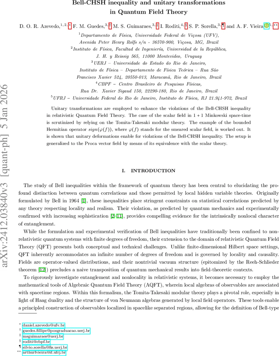 Bell-CHSH inequality and unitary transformations in Quantum Field Theory