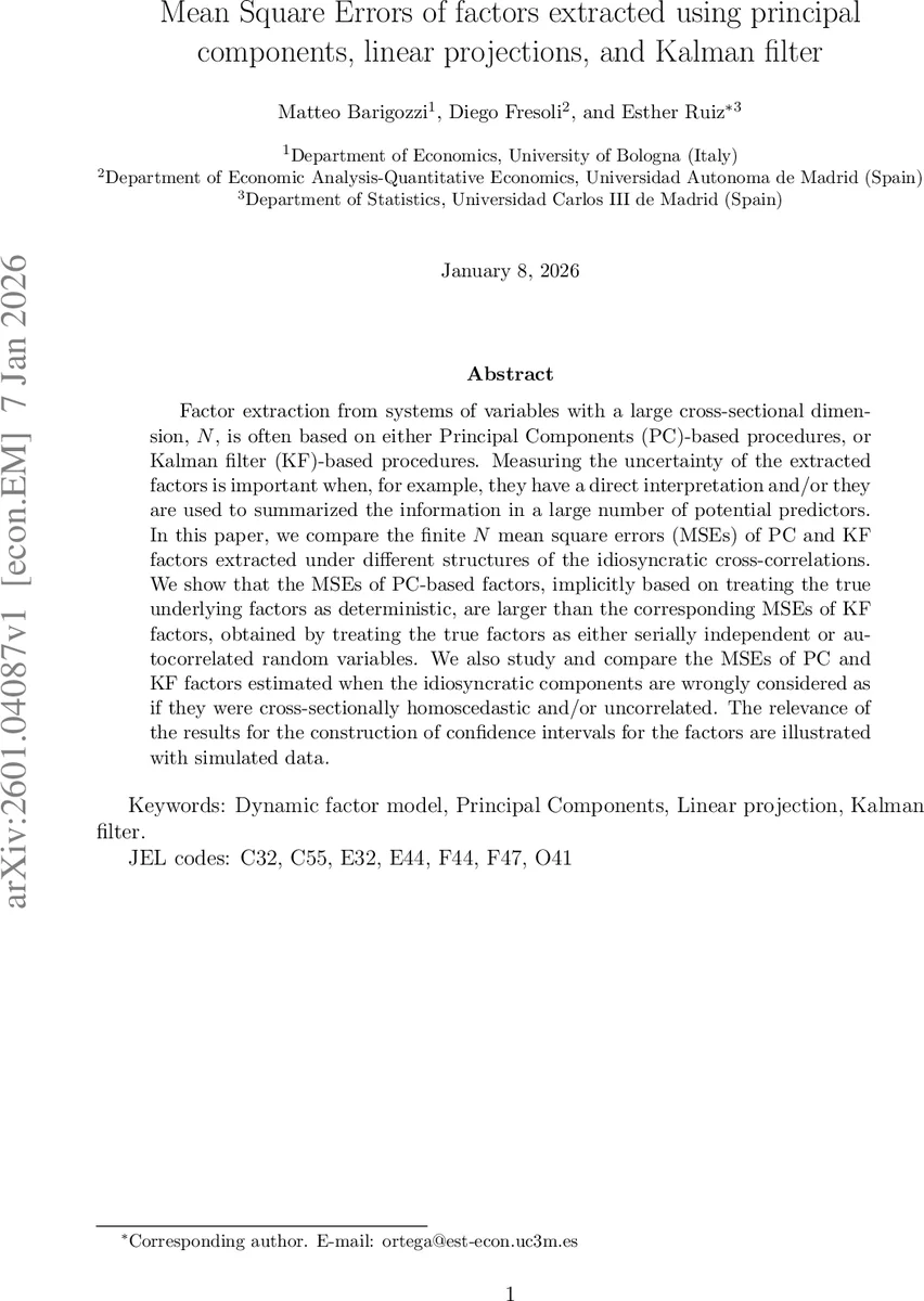 Mean Square Errors of factors extracted using principal components, linear projections, and Kalman filter