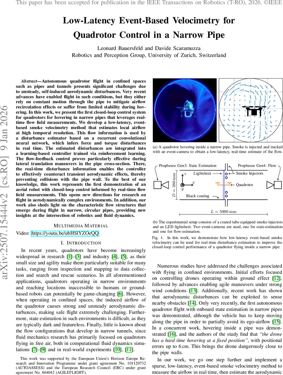 Low-Latency Event-Based Velocimetry for Quadrotor Control in a Narrow Pipe