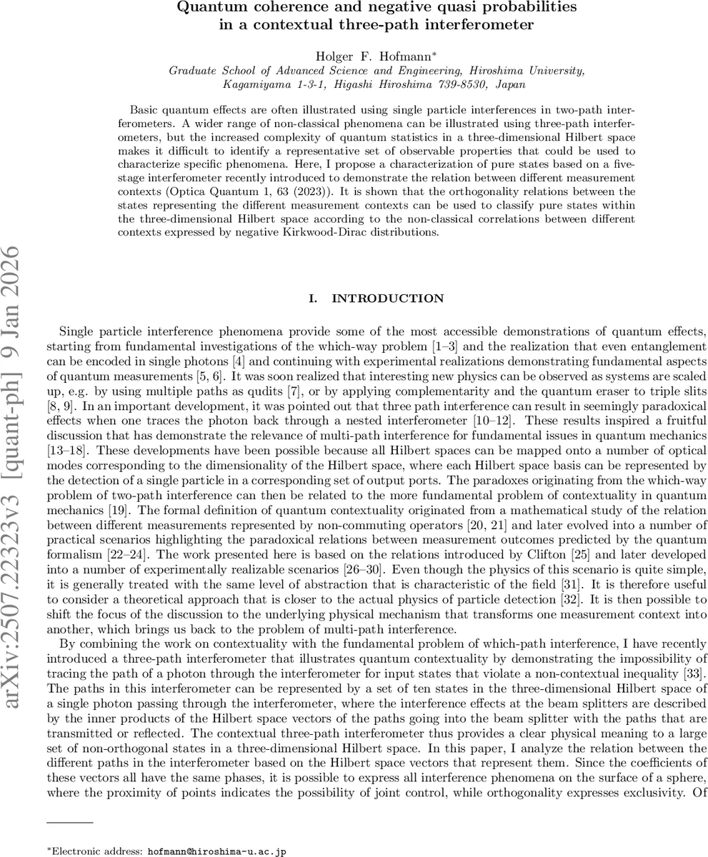 Quantum coherence and negative quasi probabilities in a contextual three-path interferometer