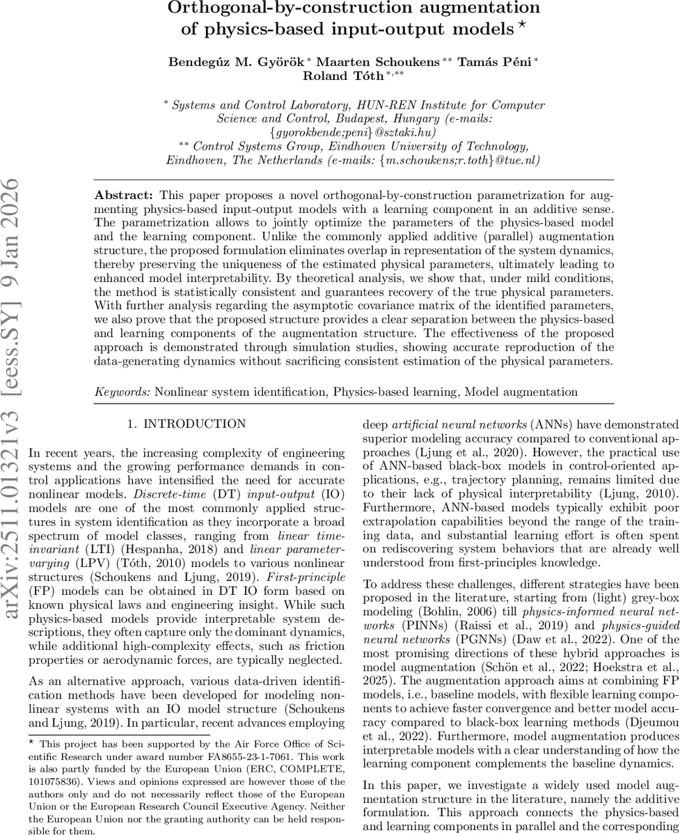 Orthogonal-by-construction augmentation of physics-based input-output models
