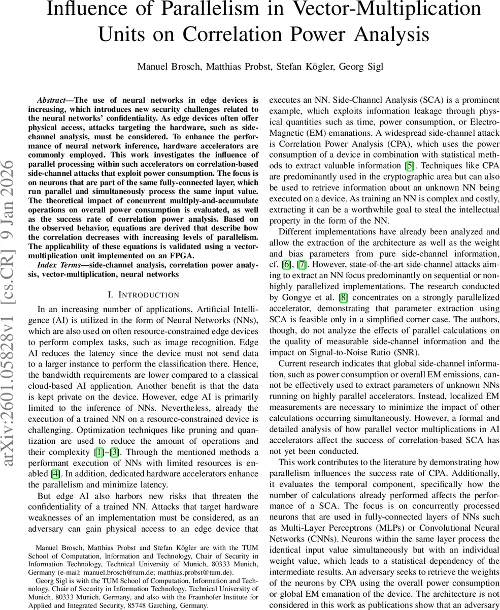Influence of Parallelism in Vector-Multiplication Units on Correlation Power Analysis
