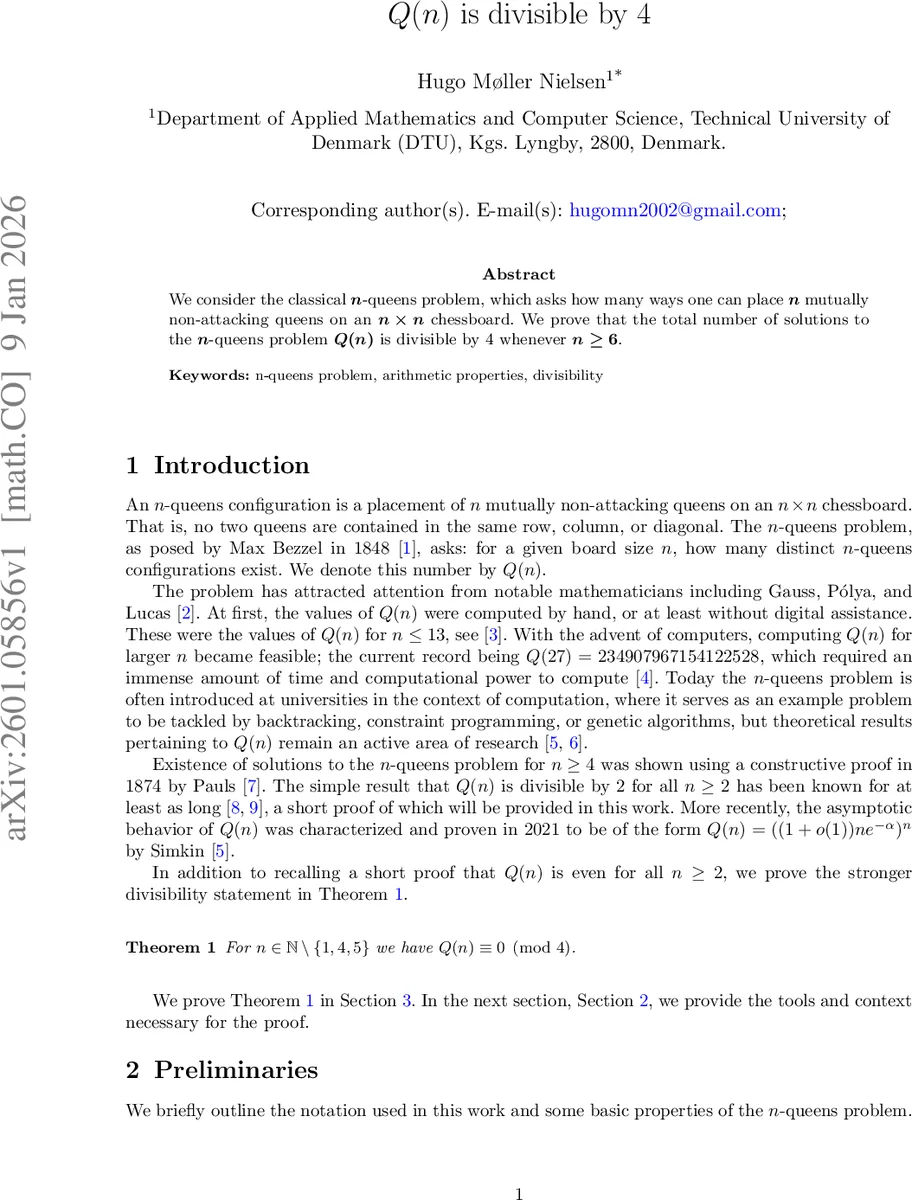 The n-queens solution count Q(n) is divisible by 4