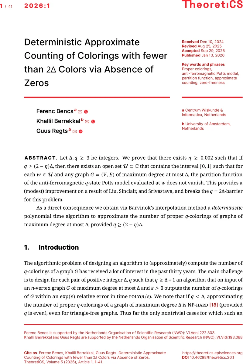 Deterministic approximate counting of colorings with fewer than $2Δ$ colors via absence of zeros