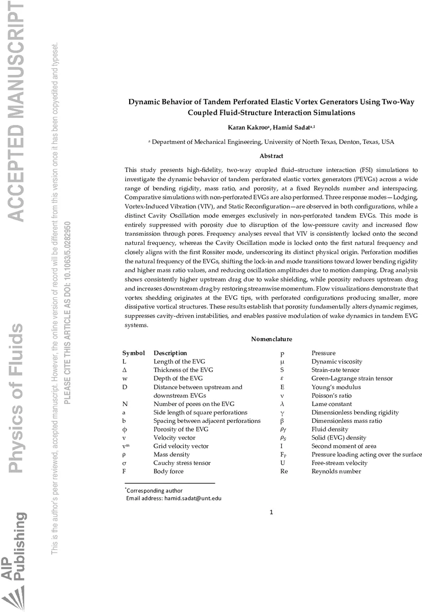 Dynamic Behavior of Tandem Perforated Elastic Vortex Generators Using Two-Way Coupled Fluid-Structure Interaction Simulations