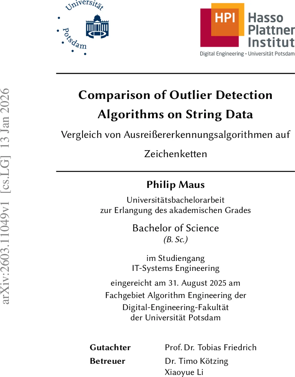 Comparison of Outlier Detection Algorithms on String Data