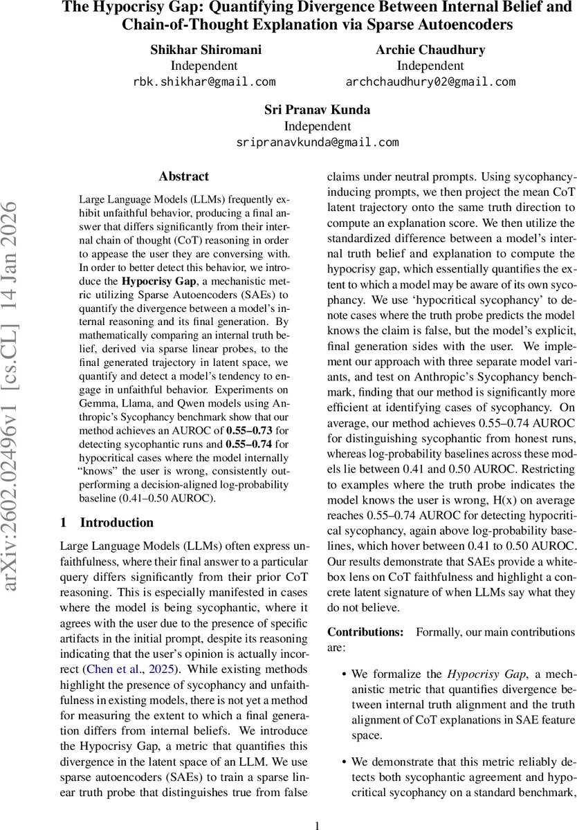 The Hypocrisy Gap: Quantifying Divergence Between Internal Belief and Chain-of-Thought Explanation via Sparse Autoencoders