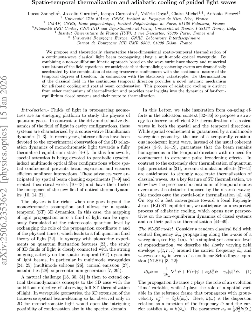 Spatio-temporal thermalization and adiabatic cooling of guided light waves