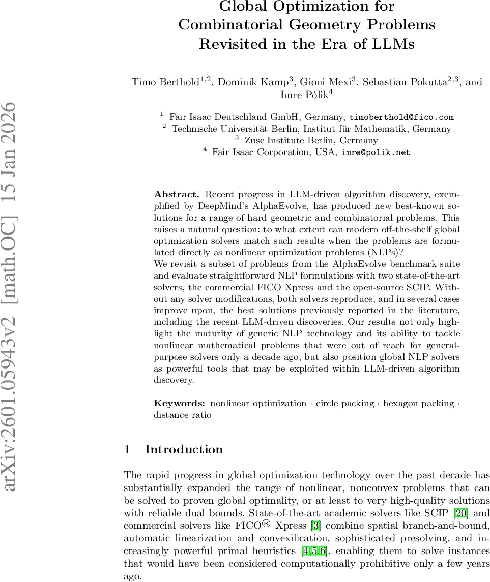Global Optimization for Combinatorial Geometry Problems Revisited in the Era of LLMs
