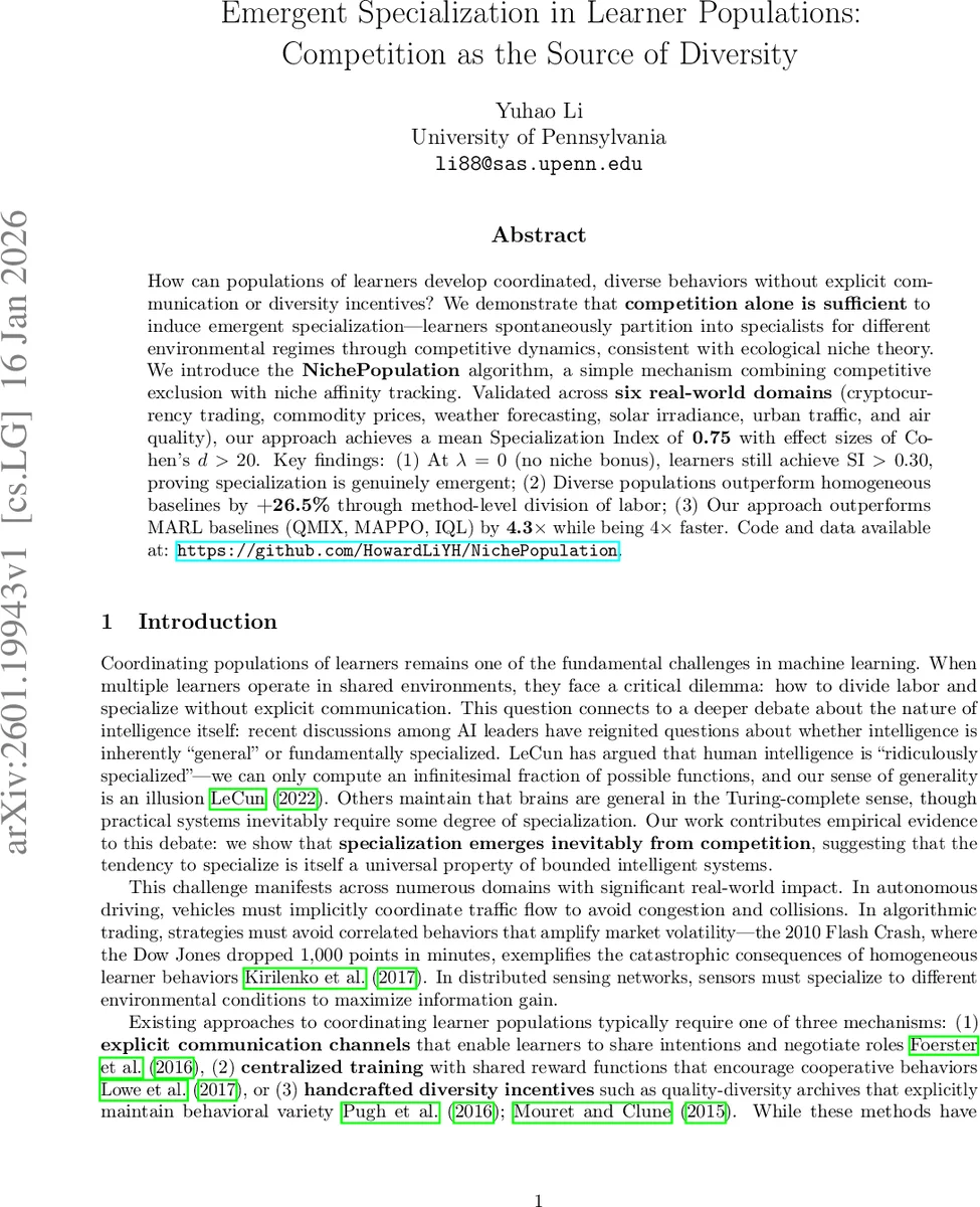 Emergent Specialization in Learner Populations: Competition as the Source of Diversity