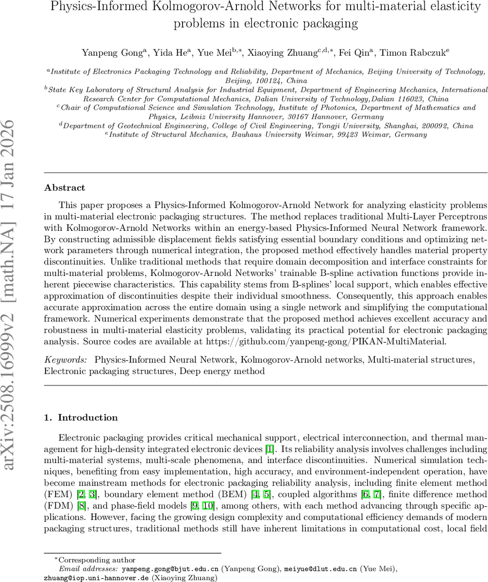 Physics-Informed Kolmogorov-Arnold Networks for multi-material elasticity problems in electronic packaging