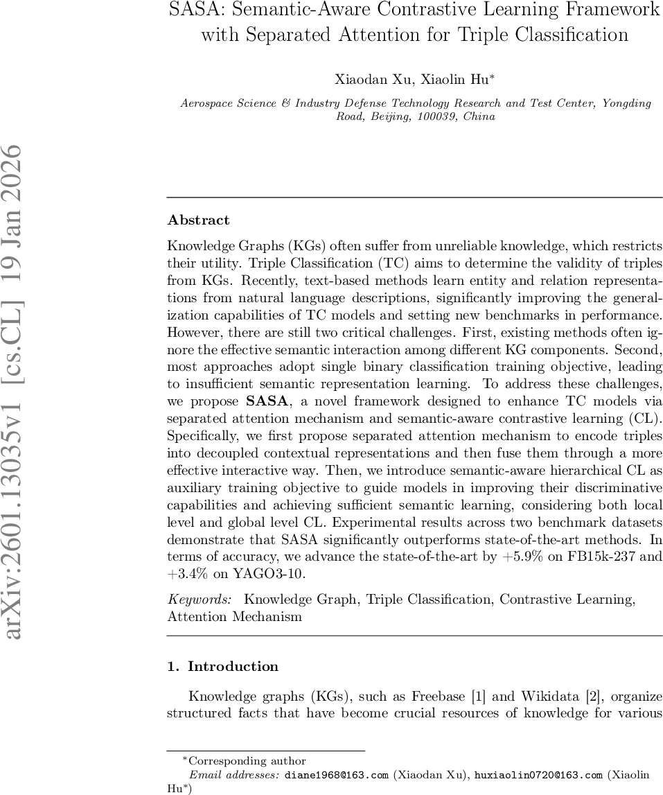 SASA: Semantic-Aware Contrastive Learning Framework with Separated Attention for Triple Classification