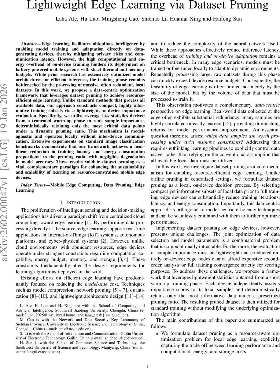 Lightweight Edge Learning via Dataset Pruning