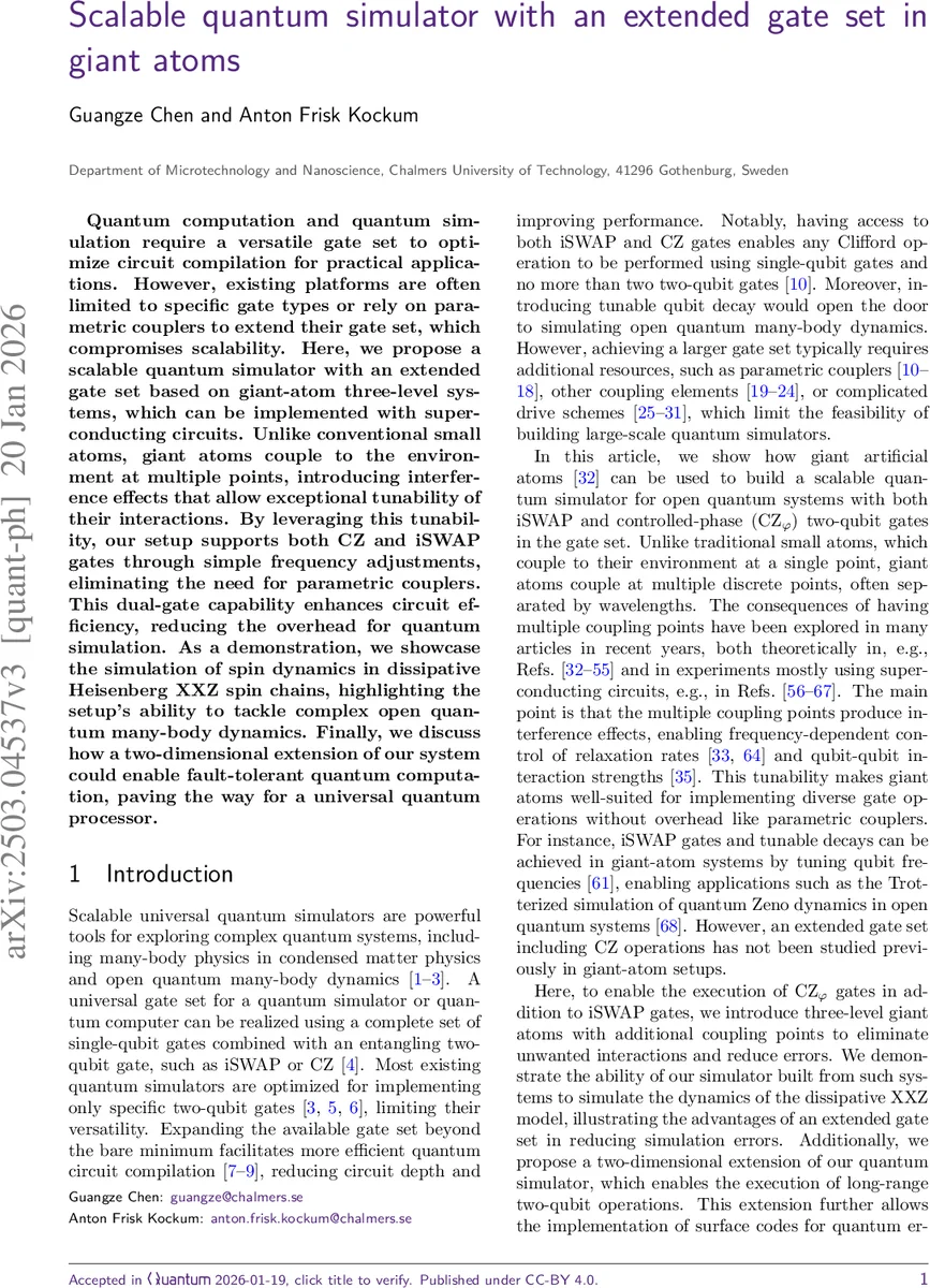 Scalable quantum simulator with an extended gate set in giant atoms