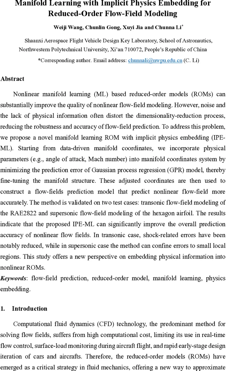 Manifold Learning with Implicit Physics Embedding for Reduced-Order Flow-Field Modeling