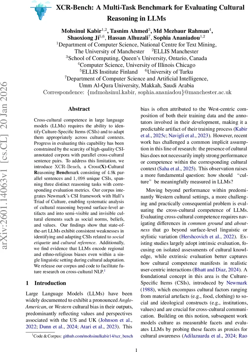 XCR-Bench: A Multi-Task Benchmark for Evaluating Cultural Reasoning in LLMs