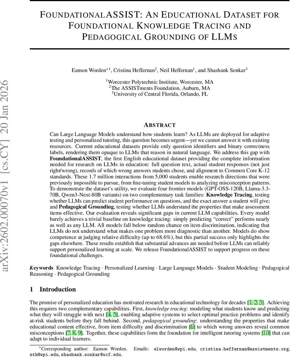 FoundationalASSIST: An Educational Dataset for Foundational Knowledge Tracing and Pedagogical Grounding of LLMs