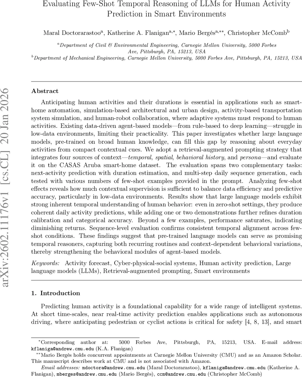 Evaluating Few-Shot Temporal Reasoning of LLMs for Human Activity Prediction in Smart Environments