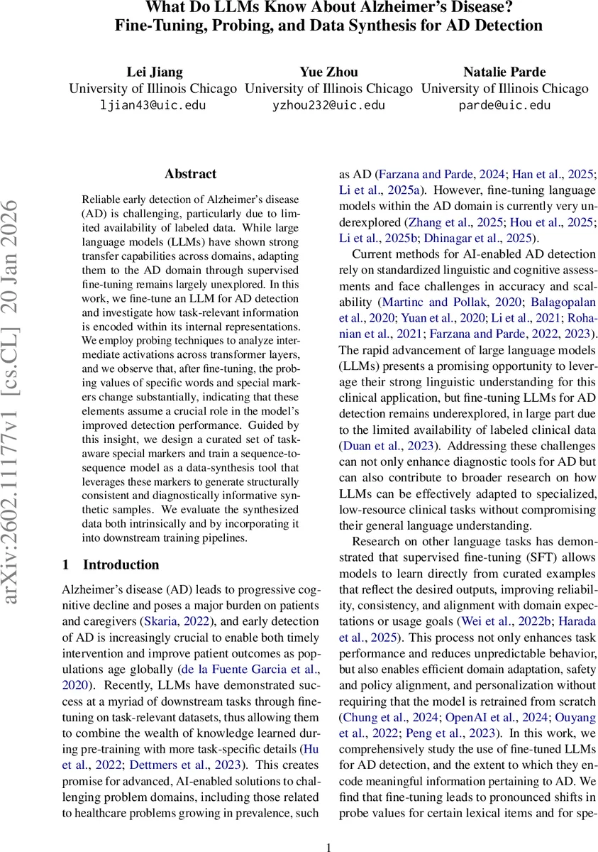 What Do LLMs Know About Alzheimer's Disease? Fine-Tuning, Probing, and Data Synthesis for AD Detection