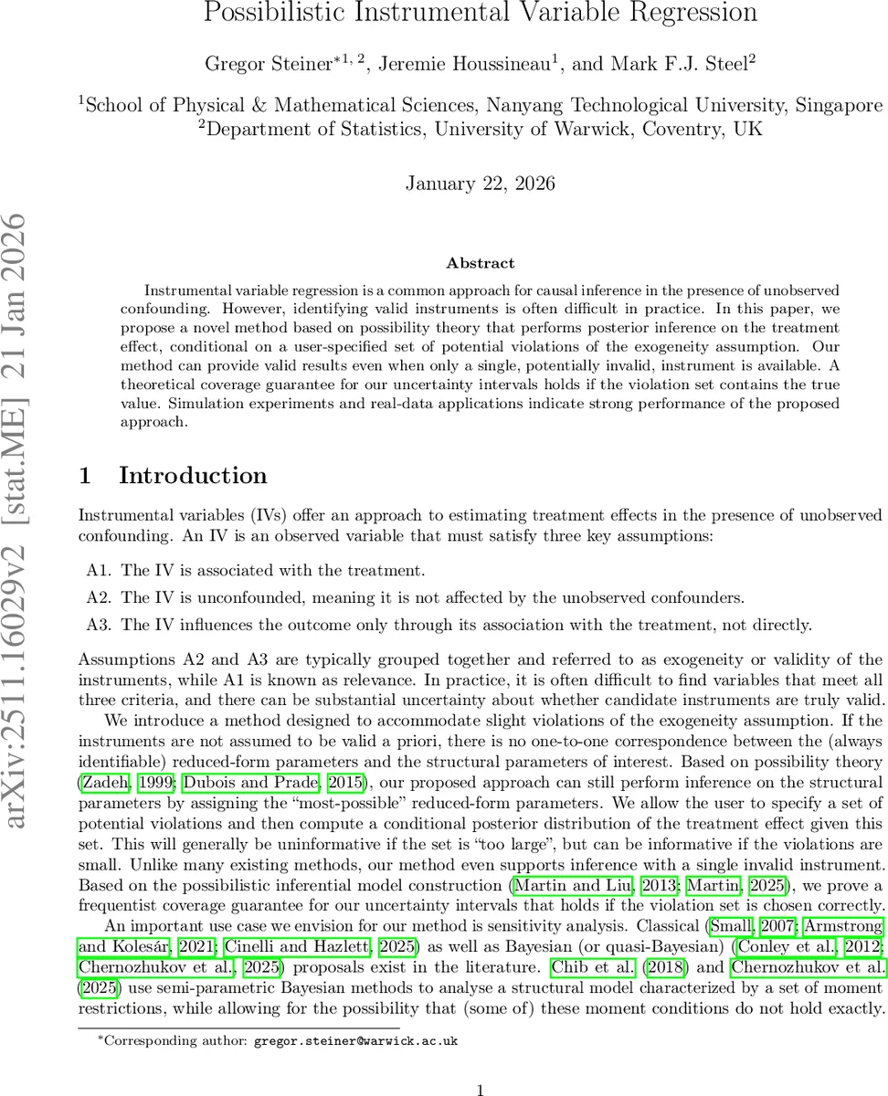 Possibilistic Instrumental Variable Regression