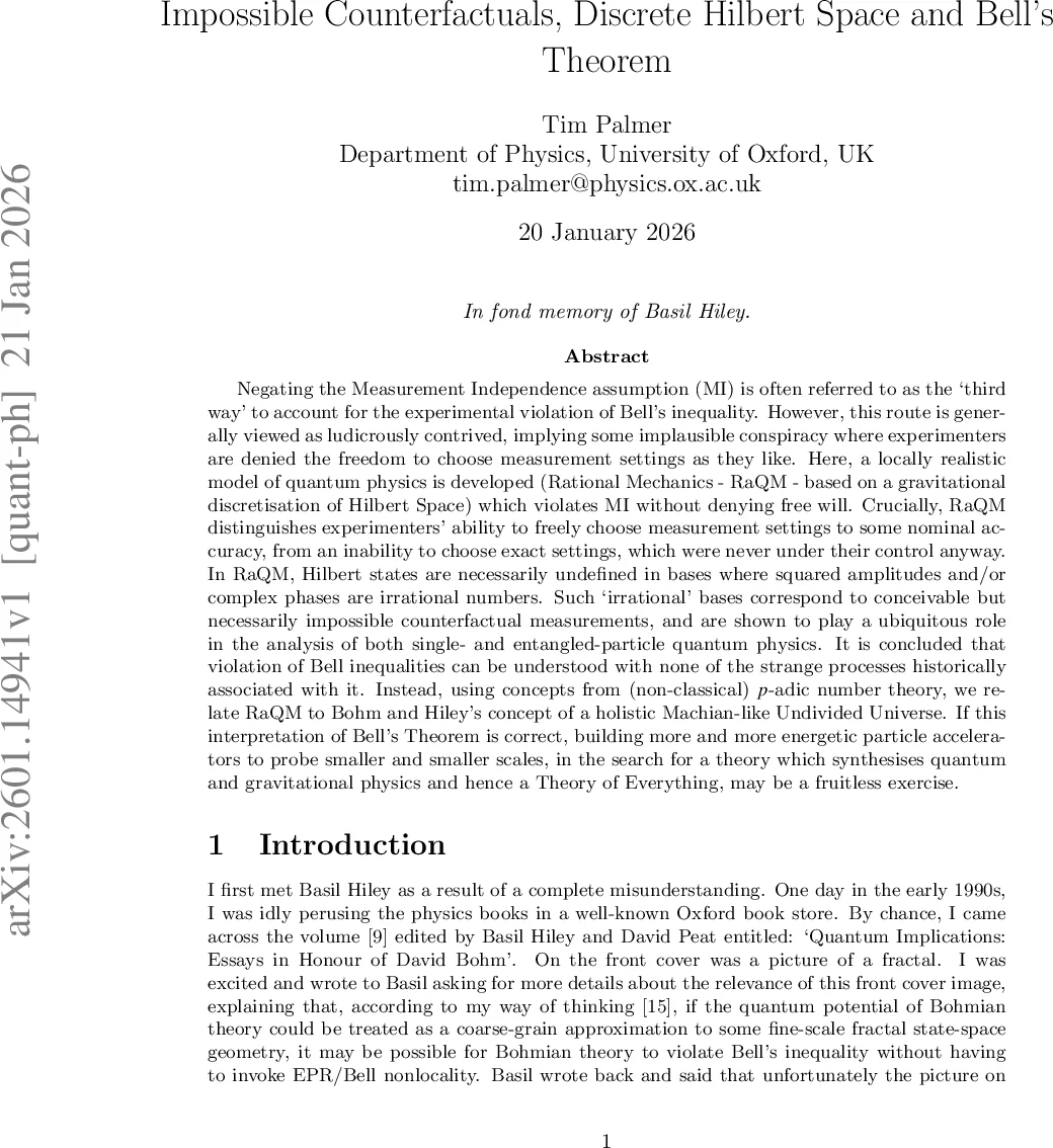 Impossible Counterfactuals, Discrete Hilbert Space and Bell's Theorem