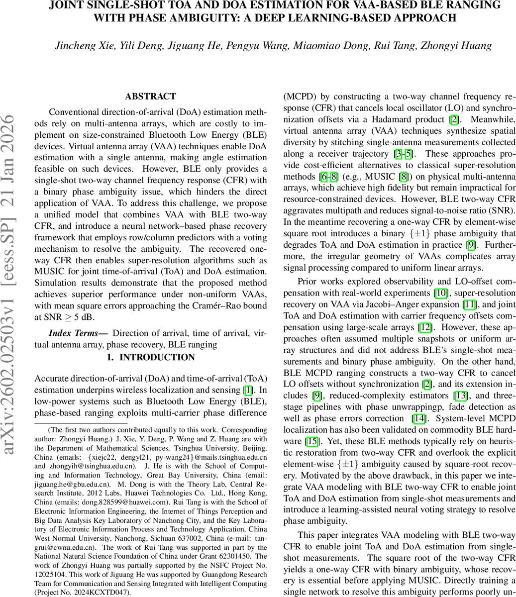 Joint single-shot ToA and DoA estimation for VAA-based BLE ranging with phase ambiguity: A deep learning-based approach
