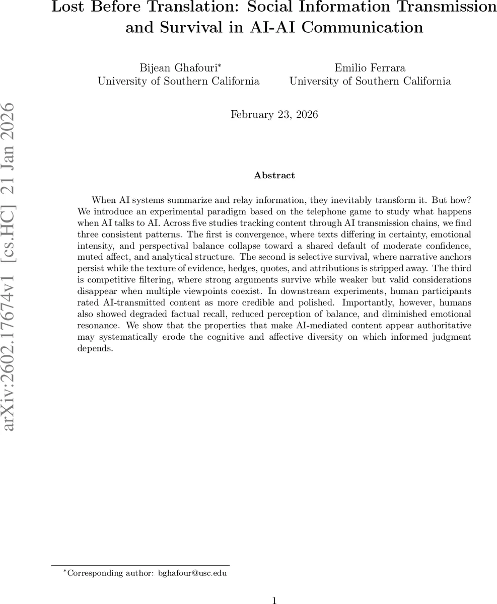 Lost Before Translation: Social Information Transmission and Survival in AI-AI Communication