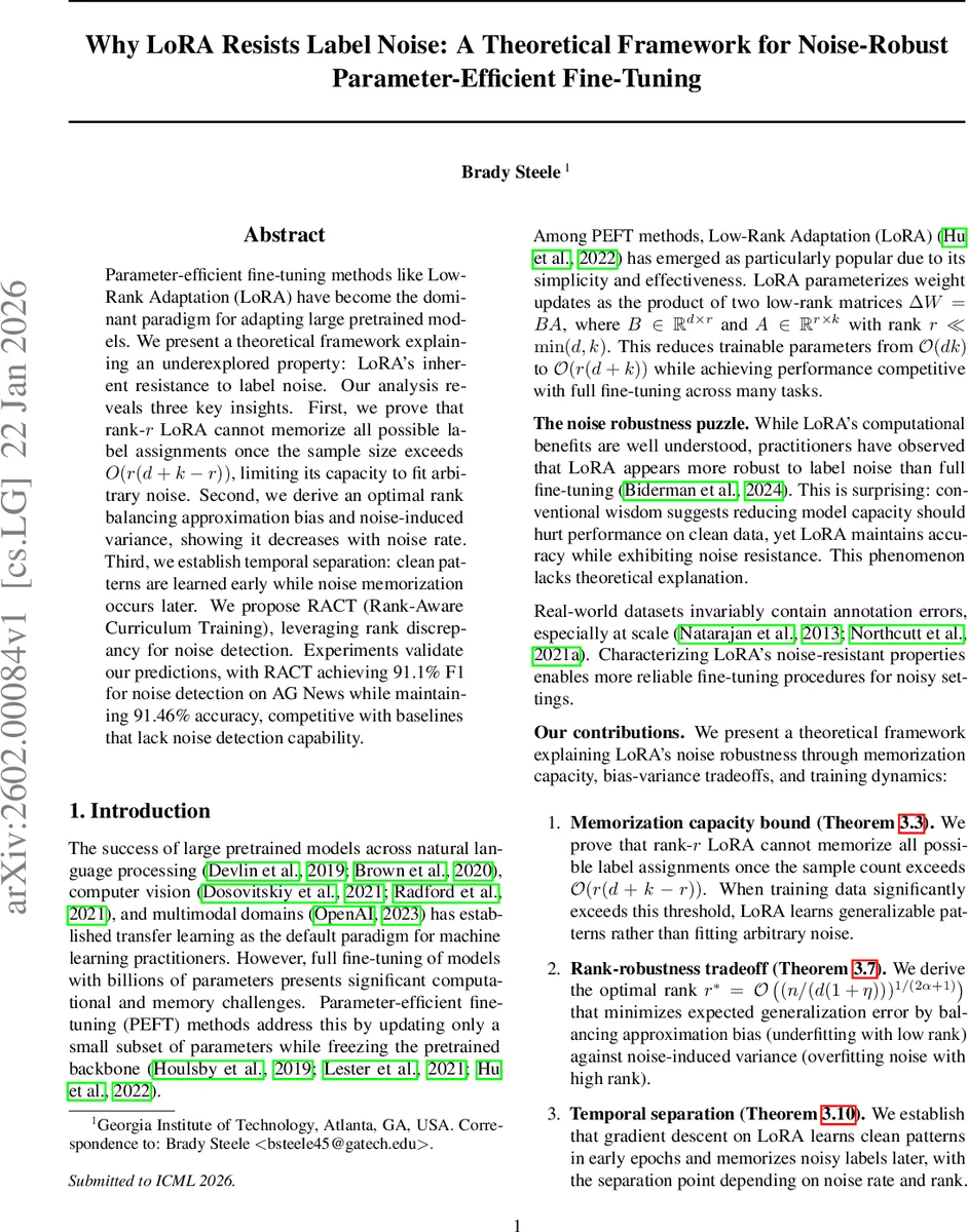Why LoRA Resists Label Noise: A Theoretical Framework for Noise-Robust Parameter-Efficient Fine-Tuning