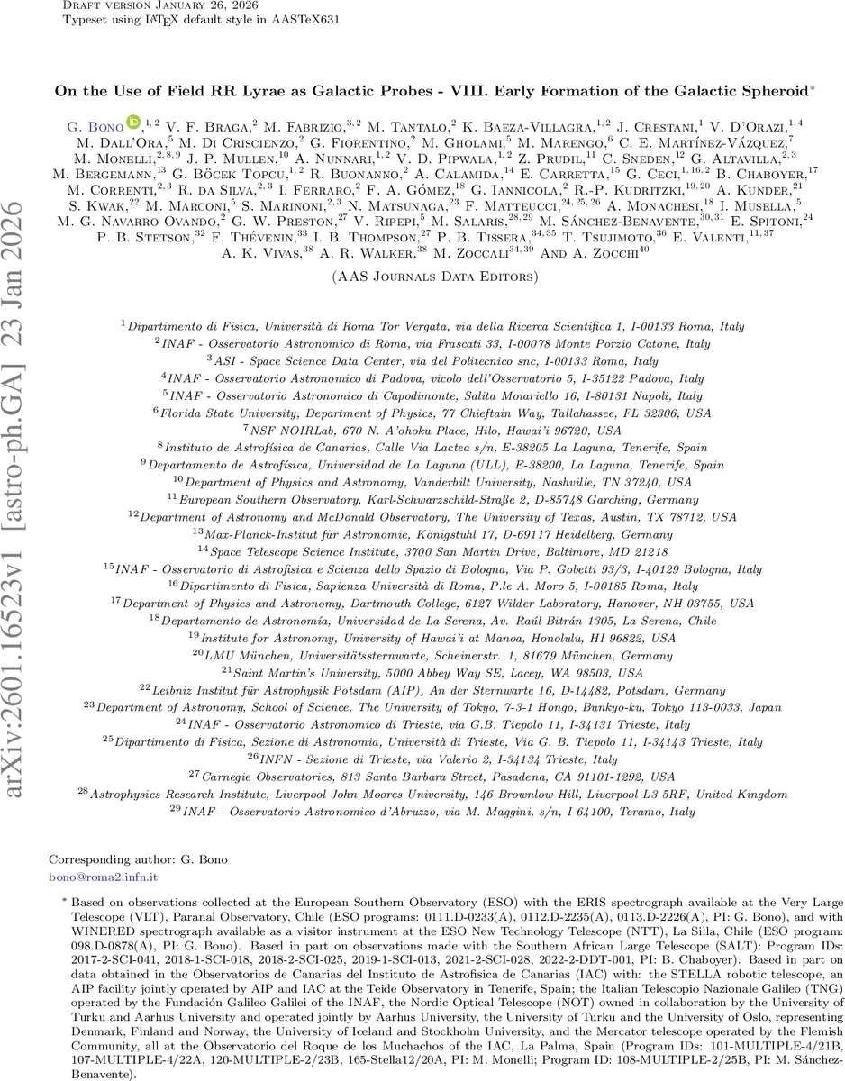 On the Use of Field RR Lyrae as Galactic Probes -- VIII. Early Formation of the Galactic Spheroid