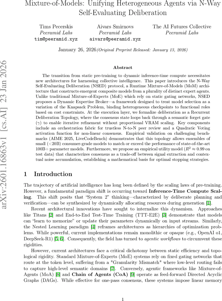 Mixture-of-Models: Unifying Heterogeneous Agents via N-Way Self-Evaluating Deliberation