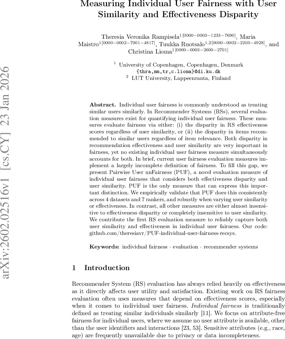 Measuring Individual User Fairness with User Similarity and Effectiveness Disparity