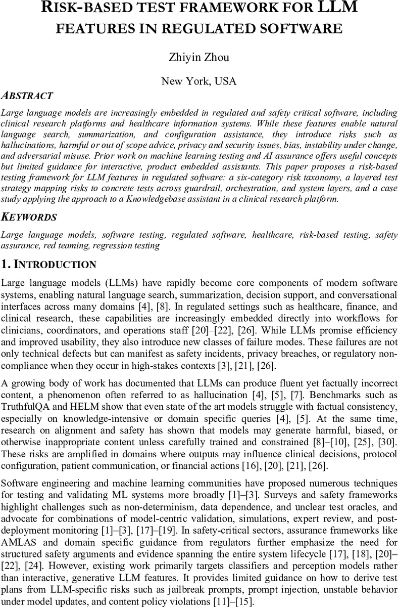 Risk-based test framework for LLM features in regulated software