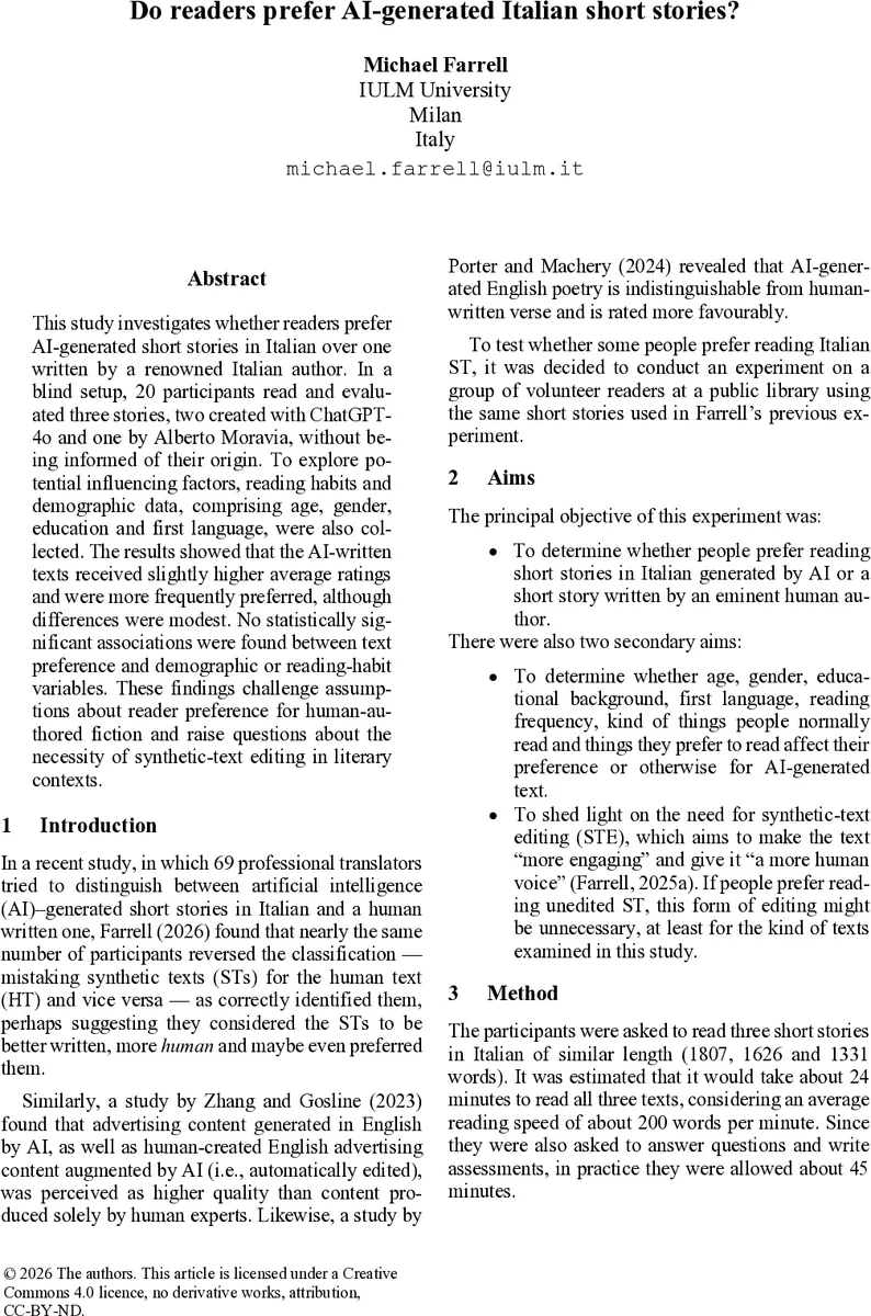 Do readers prefer AI-generated Italian short stories?