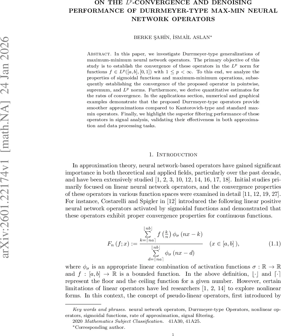 On the $L^p$-Convergence and Denoising Performance of Durrmeyer-Type Max-Min Neural Network Operators