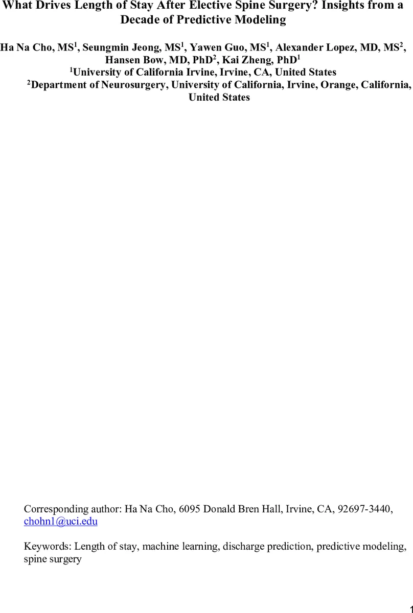 What Drives Length of Stay After Elective Spine Surgery? Insights from a Decade of Predictive Modeling