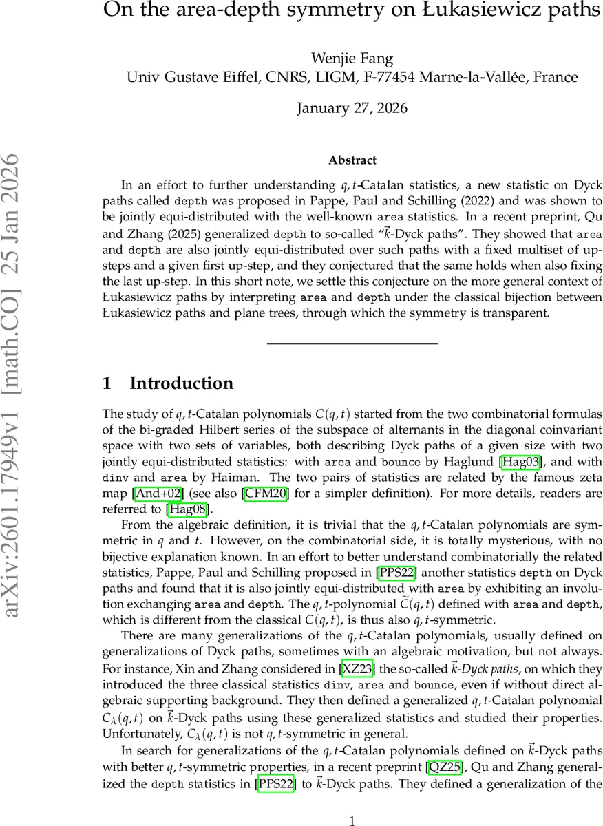 On the area-depth symmetry on Łukasiewicz paths