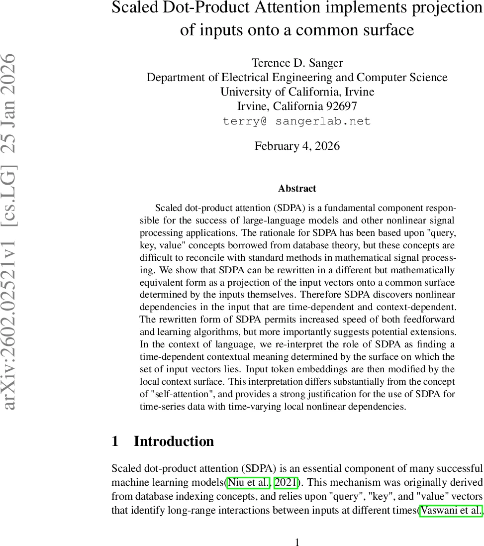 Scaled Dot-Product Attention implements projection of inputs onto a common surface