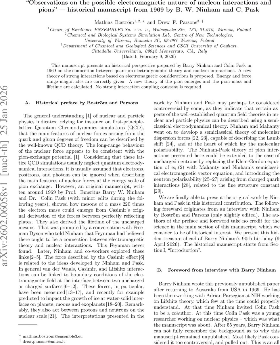 "Observations on the possible electromagnetic nature of nucleon interactions and pions" -- historical manuscript from 1969 by B. W. Ninham and C. Pask