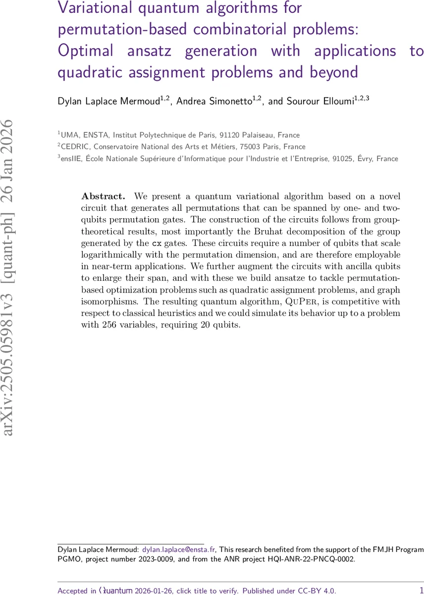 Variational quantum algorithms for permutation-based combinatorial problems: Optimal ansatz generation with applications to quadratic assignment problems and beyond
