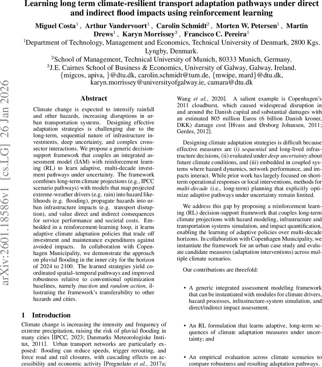Learning long term climate-resilient transport adaptation pathways under direct and indirect flood impacts using reinforcement learning